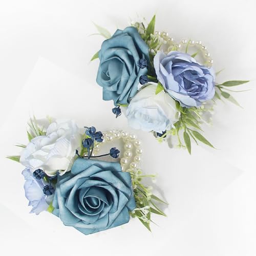 Rinlong 2Pcs Dusty Blue Wrist Corsage for Wedding, Prom, Homecoming | Bridesmaid, Mother of the Bride Corsage - color: 19-dusty Blue