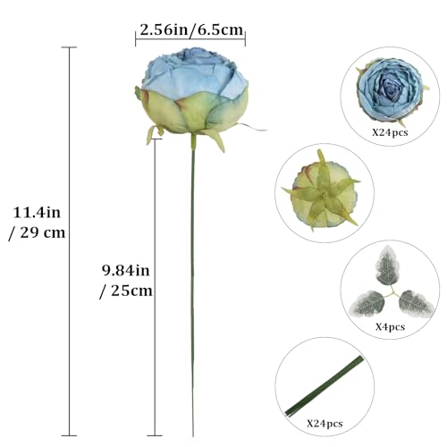 24PCS Artificial Peony Flower Heads 2.56" Fake Blue Flowers Silk Peonies with Stems Real Look for DIY Wreaths Wedding Bouquets Cake Party Home Decoration (Blue) - color: Blue