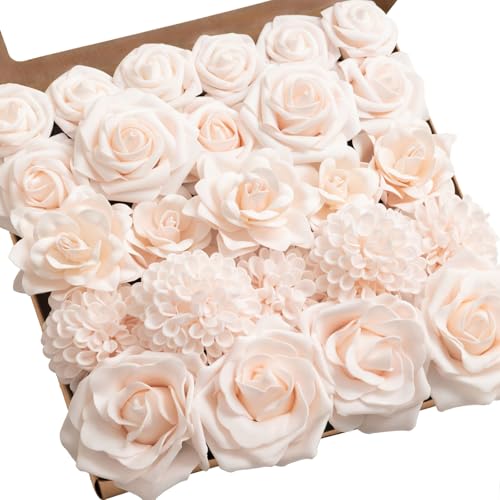 Ling's moment Artificial Flowers Fake Dahlia Faux Gardenia Foam Roses Combo for DIY Wedding Bouquets Centerpieces Arrangement Bridal Shower Party Home Decoration, Powder Pink, 25pcs - color: Pk-powder Pink