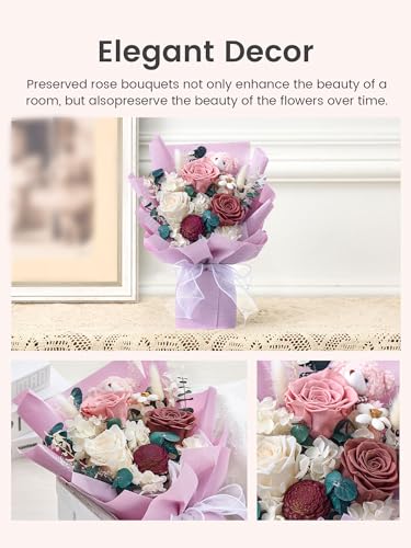 Polylove Forever Flower Bouquet Flowers for Delivery Prime Preserved Roses with Bear Gift Box for Wife Women Mother Day Anniversary Birthday (Purple) - color: Purple