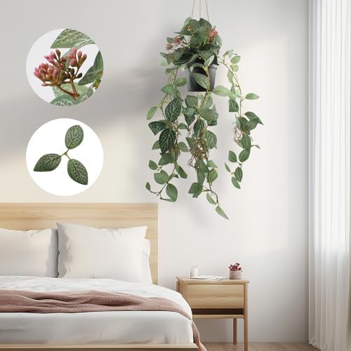 Artificial Hanging Ivy Plants Realistic 3D Watermelon Texture with Flower Buds Fake Potting Leaves Faux Peperomia Vine Green Plants for Indoor Outdoor Home Garden Decor - color: B
