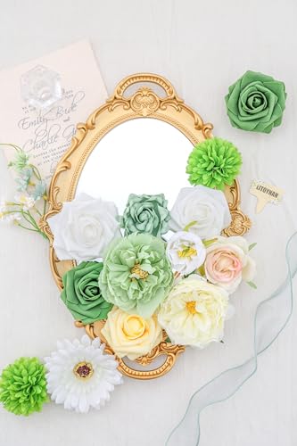 Artificial Flowers, White Green Fake Silk Flower, Silk Flowers with Stems, Wedding Cake Flowers for DIY Wedding Bridal Bouquets Centerpieces Decor - color: Green & White