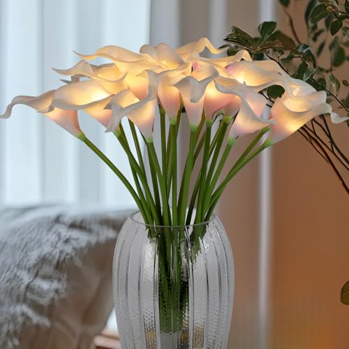 LED Lighted Artificial Flowers Calla Lily Bouquet Lamp 20 stems Real Touch Calla Faux Flower Lights for Valentine's Day Gift and Easter Home Kitchen Wedding Dining Table Decor(Whitepurple, No Vase) - color: Whitepurple