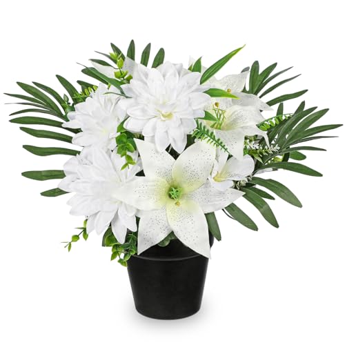 Hollyone Artificial Cemetery Flower for Graves, White Faux Lily Dahlia Flowers in Pot Silk Cemetery Memorial Flowers for Outdoors Gravesites Headstones Home Decoration - color: White-dahlia Lily