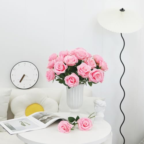Ouddy Decor 20 Pcs Pink Roses Artificial Silk Flowers Fake Roses Bouquet with Long Stems for Mother's Day Decor Wedding Home Party Table Centerpieces Bridal Bouquet DIY Floral Arrangment, Pink - color: Pink, size: 20 Packs