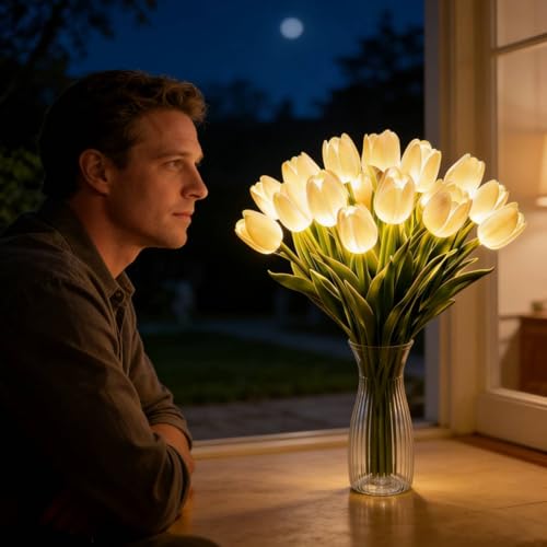 15pcs LED Lighted Artificial Flowers Tulip Lamp with Vase Real Touch Tulips Faux Flower Lights for Valentines Day Gift Easter Home Kitchen Wedding Dining Table Decor (White) - color: 15pcs White