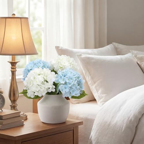 XunYee 4 Pcs Hydrangea Artificial Flowers 20 Inch Blue and White Faux Hydrangea Flowers with Long Stem Realistic Fake Hydrangeas Arrangements Wedding Bouquet Table Centerpieces Home Indoor Decor - color: White, Blue
