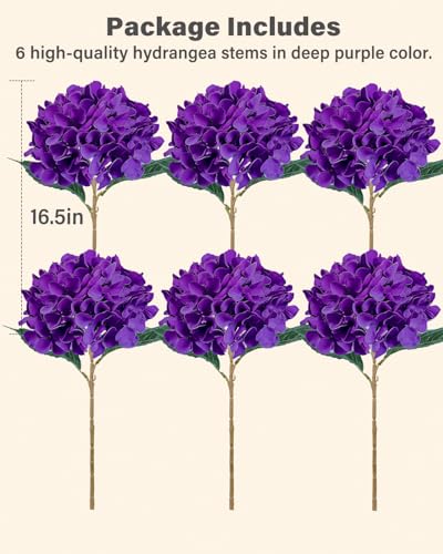 6PCS Premium Deep Purple Hydrangea Artificial Flowers Bouquets, Silk Hydrangea Flowers with Stems, Fake Hydrangeas Arrangement, Faux Hydrangea Decor for Home Wedding Table Centerpieces (Deep Purple) - color: Deep Purple