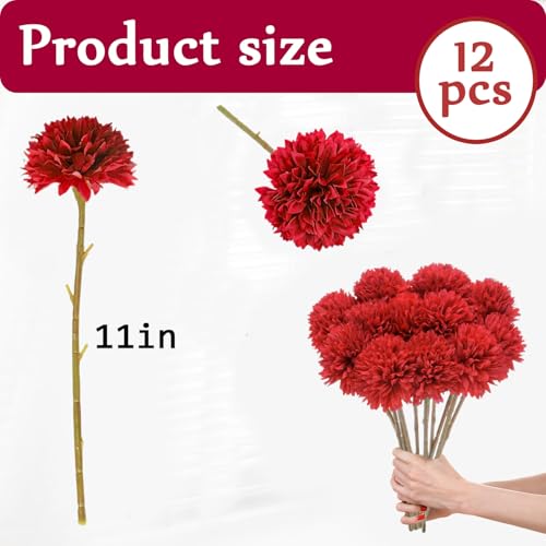 Tinsow 12Pcs Artificial Chrysanthemum Faux Red Ball Flowers Burgundy Fall Flowers for Christmas Autumn Farmhouse Home Decoration (12, Red) - color: Red