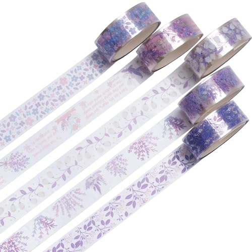 YUBBAEX 5 Rolls Floral Washi Tape Set PET Decorative Flowers Patterns Transparent Masking Tapes for Arts, DIY Crafts, Journals, Planners, Scrapbook, Wrapping (Lavender) - color: Lavender