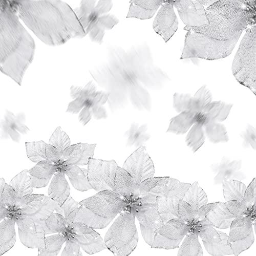 Geosar 100 Pcs 3 Size Christmas Poinsettia Flowers with Clips Glitter Artificial Flowers Small Christmas Tree Ornaments Faux for Xmas Party DIY Craft Wreath Garland New Year, 3/4/6 Inches(Silver) - color: Silver