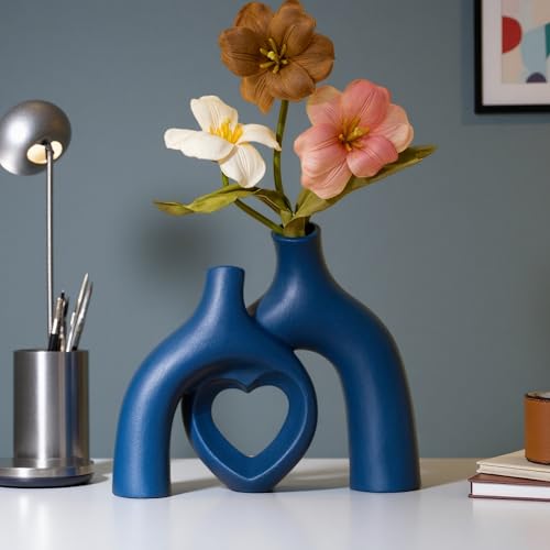 Liotww Snuggle Hollow Decorative Ceramic Vase, 8.3 Inch Hug Donut Modern Nordic Boho Style Vases for Aesthetic Home Decor, Anthropologie Living Room Shelf Coffee Table Décor (Navy Blue) - color: Heart - Navy Blue