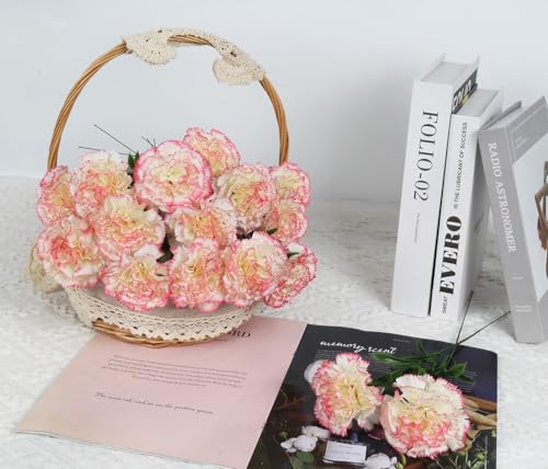 16PCS Pink Carnations Artificial Flowers 14.8'' Fake Carnation Silk Flowers with Stem Faux Carnations Flowers for Home Table Centerpiece Wedding Decorations Floral Arrangements (Pink Edge) - color: Pink Edge