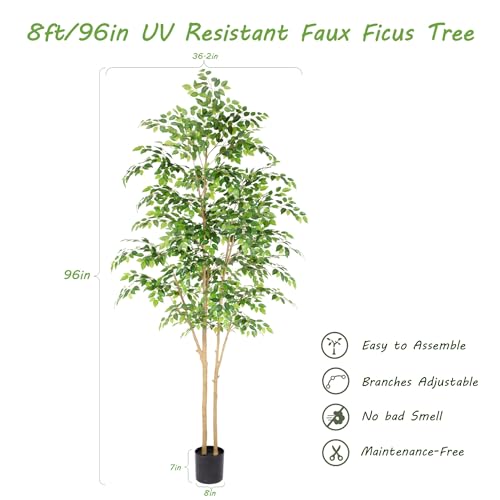 Nafresh Tall UV Resistant Ficus Tree Artificial，8ft(96in) Realistic Texture Potted Faux Ficus Tree， Fake Trees Indoor Outdoor for Home Office Living Room Bedroom Foyer Porch Decor. - size: 8ft