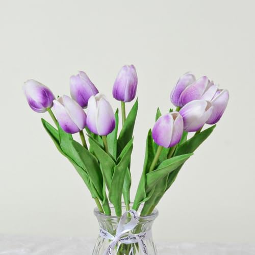 Artificial Flowers Tulips Fake Flowers Real Touch Latex Tulips Faux Flowers Bouquet for Wedding Party Arrangements Home Decor and Baby Shower Centerpieces (10, White Purple) - color: White Purple