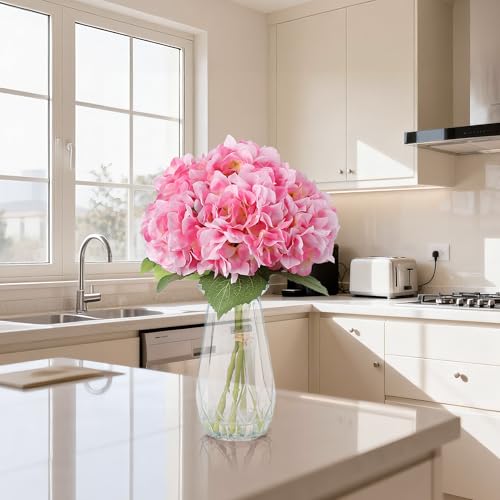 5-Piece Artificial Hydrangea Arrangement in Glass Vase - Fade-Resistant Silk Flowers with Faux Water for Table Centerpieces - color: Multi-hydrangea Stem in Vase, size: Pink