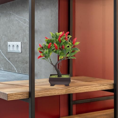 Artificial Chili Tree Bonsai with Pot Realistic Simulated Chili Plant Indoor Desktop Fake Potted Plant for Home Office Table Centerpiece Decoration