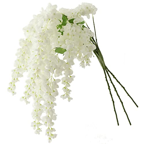 Dailisen 3 Strands 40'' Silk White Wisteria Artificial Flowers, Fake Wisteria Floral Hanging Plant Garland, for Home Decor, Party, Floor Vase, Balcony, Wedding Arrangement Decoration (White) - color: White
