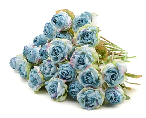 PONKING Rose Artificial Flower 28pcs Realistic Faux Silk Roses Fake Flowers Bouquets Arrangements Decor for Wedding Spring Mother's Day, Home Table Decorations, Blue Flower - color: A 28pcs Blue Rose