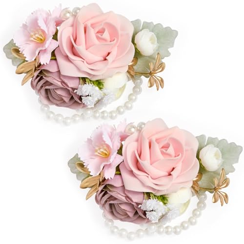Rose Pink Wrist Corsage for Wedding Prom, Handmade Artificial Flower Corsage Bracelets for Bride,Bridesmaid,Mother,Porm Corsage for Homecoming,Party Anniversary(Set of 2) - color: Pink, size: 2 Wrist Corsages