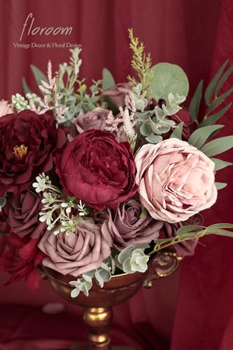 Floroom Burgundy Mauve Artificial Flowers Marsala Fake Roses Peonies and Greenery Combo Box Set for DIY Dark Red Wedding Bouquets Bridal Shower Centerpieces Floral Arrangements Party Tables Decoration - color: Enchanted Burgundy