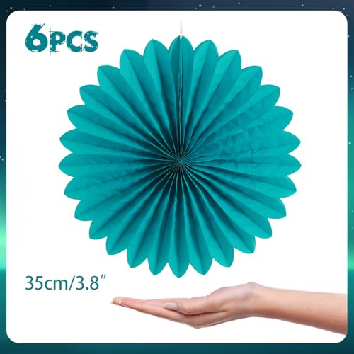 Easy Joy Teal Party Decorations Paper Fans Birthday Wedding Home Party Hanging Decoration, Set of 6 (14 Inches, Teal) - color: Teal