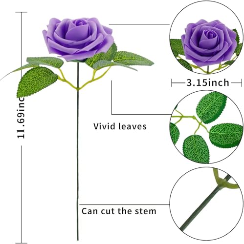 [25PCS] Isquene Purple Roses Artificial Flowers with Long Stem Real Touch Fake Foam Roses for Decoration DIY Wedding Bouquets Centerpieces Bridal Shower Flower Arrangements Home Decor - color: Purple