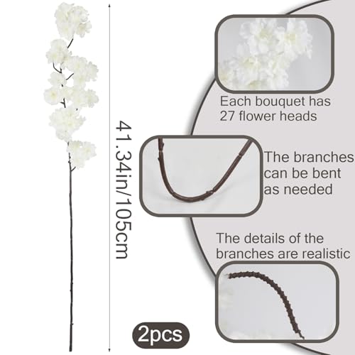 2 Pcs Artificial Cherry Blossom Flowers Branches 41" Faux Cherry Blossom Long Stem White Silk Cherry Blossom Tree Tall Fake Flower Arrangement for Home Wedding Centerpieces Spring Indoor Decor - color: White