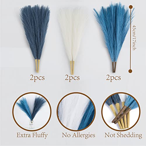 Faux Pampas Grass, 18"/45cm Artificial Pampas Grass Fluffy 6 Stem pompous Grass Flower Arrangement for Boho Home Wedding Decoration - color: Blue & White & Indigo