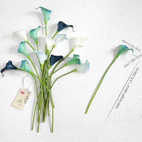 FiveSeasonStuff Posh Blue Mix Real Touch Calla Lilies, 15 Artificial PU Flower Stems with Bendable Green Stems, Faux Calla Lily Bouquet for Vase Arrangements - color: Posh Blue Mix