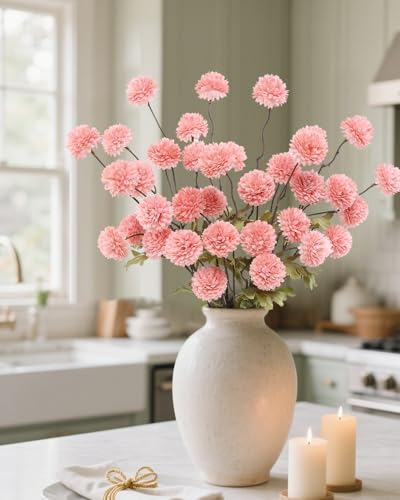 DuHouse 6pcs Artificial Flowers Faux Silk Pompon Mum,Silk Small Mini Chrysanthemum Ball with Stems for DIY Bouquets Centerpieces Vase Home Table Kitchen Decorations(Blush) - color: Blush, size: 6pcs