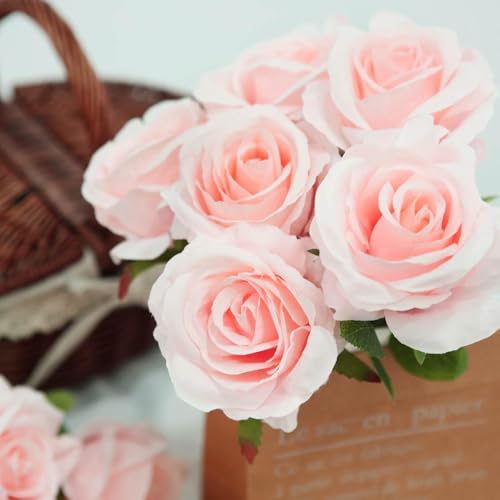 Felice Arts 12 Pack Light Pink Artificial Flowers Baby Pink Roses Fake Flowers Bouquet with Stems Silk Roses for Wedding Baby Shower Party Table Vase ValentineMother's Day DIY Decor - color: Pink