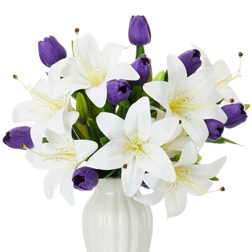 Giegxin 18 Pcs Artificial White Lilies with Purple Tulips, Latex Fake Tiger Lily Bouquet for Spring Home Church Wedding Decorations, Faux Tulips Floral Arrangement - color: White, Purple, style: Lily, Tulips