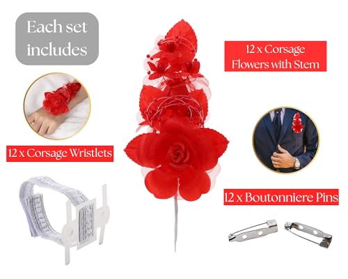 Set of 12 Artificial Silk Organza Craft Rose Flower, 12 Corsage Wristlet, 12 Pin Back DIY Boutonnieres for Wedding, Bridesmaids, Groomsmen, Quinceanera, Prom, Sweet 16 (Red) - color: Red