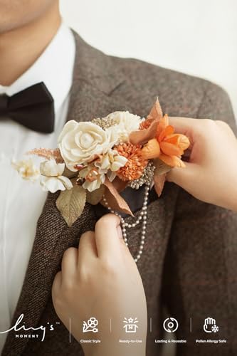 Ling's moment Pocket Boutonniere Single, Boutonniere for Men Groom for Wedding, Prom, Homecoming, Anniversary, Graduation, etc.Rust Boho Sola Wood, 6" W x 5" H - color: Or-rust Boho & Sola Wood, size: 6" W x 5" H