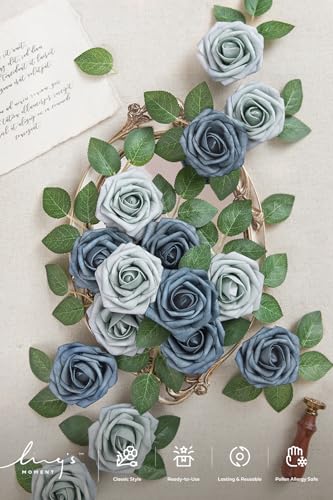 Ling's moment Artificial Roses, Dusty Blue & Navy, 3", 25Pcs | Foam Material, With Stems, DIY Floral, Wedding Bouquet/Centerpieces, Party/Room/Garden Decor - color: Blu- Dutch Blue & Dusty Blue, size: 25Pcs