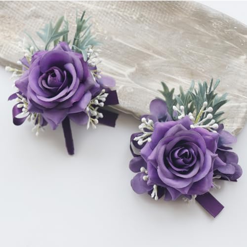 MAFELOE 2 Pieces Boutonniere Wrist Corsage Set, Artificial Rose Flowers Men Women Bride Groom Wedding Prom Party Suit Decor - Dark Purple