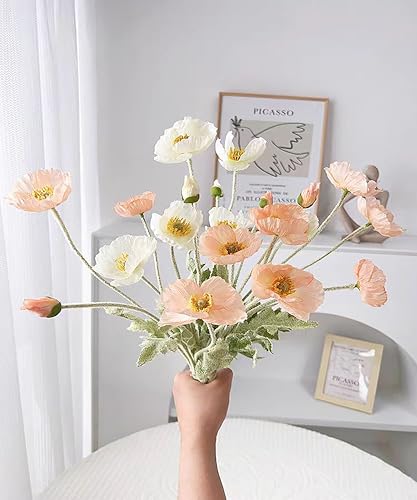 6pcs Artificial Poppy Flowers Spring Flowers Real Touch Flowers Silk Fake Poppy Flowers with Stems Faux Poppy for Home Table Centerpieces Floral Arrangement Wedding Bouquet Mixed Decoration - color: Pink-white