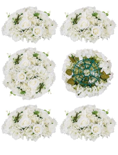 BLOSMON Wedding Flower Centerpieces Decorations: 6 Pcs 15.7" Large White Fake Rose Hydrangea Flowers Ball for Table - Artificial Silk Floral Arrangement Center Pieces for Home Party Event Decor - color: White, size: Diam 15.7" - 6 Pcs