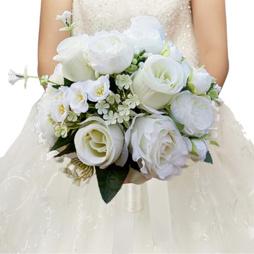 CYANLUX Wedding Bouquets for Bride Bridesmaid Bouquet Champagne White Artificial Roses Flowers for Wedding Valentine's Day Church Home Decoration… (White Rose) - color: White Rose