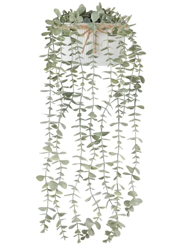 Mkono Fake Hanging Plants in Farmhouse Galvanized Pots Rustic Faux Potted Eucalyptus Greenery Indoor Artificial Plants for Book Shelf Mantel Living Room Bathroom Bedroom Home Office Decor (1, White) - color: White