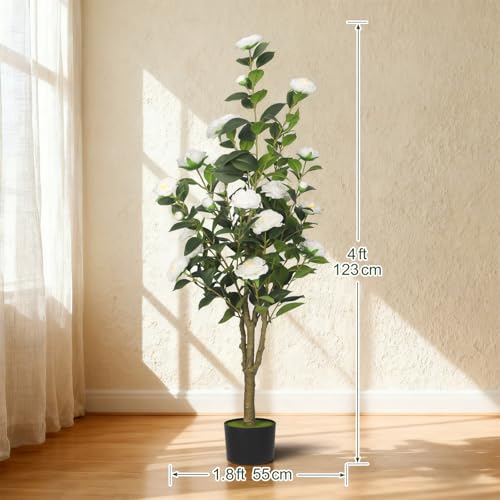 2-Pack 4FT Artificial Camellia Tree,Realistic Fake Potted Plants with Flowers&Planters,Indoor/Outdoor Faux Flowering Trees for Home,Office,Porch,Wedding,and Housewarming Gift Decor,White - color: White