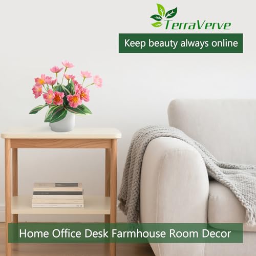 Boho Style 4-Piece Silk Flower Arrangement | Realistic Artificial Plants with Vase | Daisy & Lily Pots | No Maintenance Required