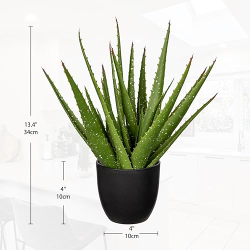 GnFlus Fake Succulent Aloe Vera Plants 13.4 Inch Large Artificial Succulents with Black Pot Faux Aloe Potted Plant for Desk Modern Home Office Bedroom Living Room Table Shelf Decor - color: Black-13.4"