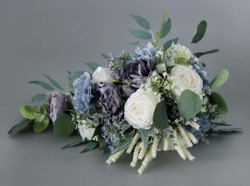 9.1 Inch Cascading Bridal Bouquet Waterfall Cascade Wedding Bouquet Bride with Artificial Rose Peony Flower Rustic Boho Wedding Ceremony Bouquet Dusty Blue - color: Dusty Blue