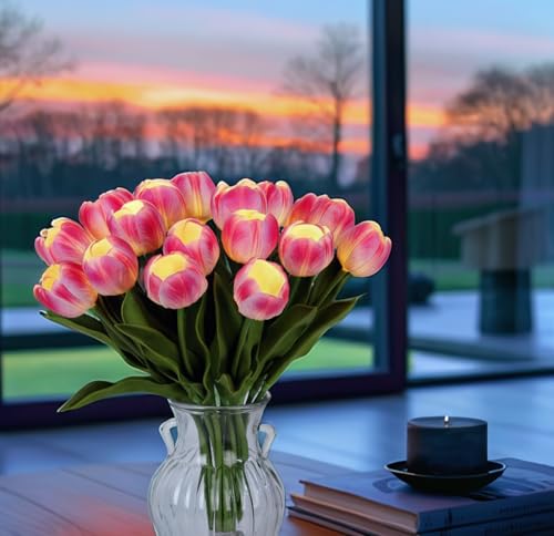 HOMESEASONS 20 Stems LED Lighted Artificial Flowers Tulip Lamp Real Touch Tulips Faux Flower Lights for Valentine's Day and Easter Home Kitchen Wedding Dining Table Decor(Hot Pink) - color: Hot Pink
