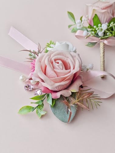 Corsage and Boutonniere Set with Pink Roses for Bride, Groom, Bridesmaids Groomsmen Weddings, Proms, Homecomings. Perfect Party Suit Decor Wedding Flowers Accessories (Pink) - color: Pink