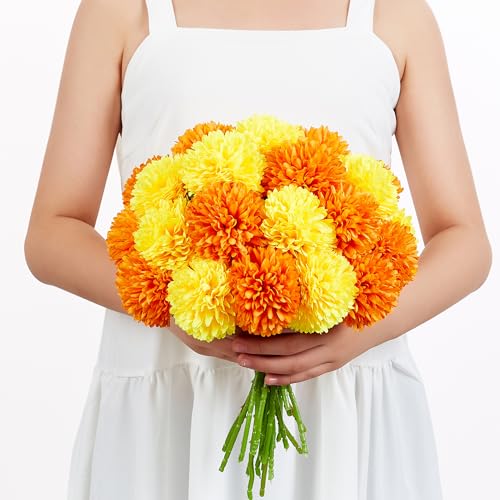 SITUMEIZI 12 Pcs Artificial Chrysanthemums Flowers Ball Flower Fake Mums Silk for Fall Decor Halloween Thanksgiving Day Wedding Home Kitchen Decoration Floral Arrangement(Yellow,Orange) - color: Orange & Yellow, size: 12 Pieces