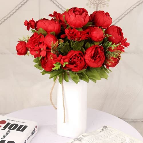 Corkwaw 10 Heads Peonies Artificial Flowers, 17-1/2" Long Vintage Silk Fake Peony Bouquet for Home Garden Decoration Office Verandah Wedding Decorations (red) - color: Red