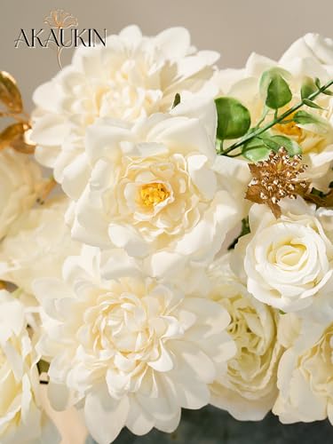 Artificial Flowers Combo Set Brilliant White Dahlia Roses DIY Wedding Decor | Silk Fake flowers arrangement set for home decor crafts reusable party bouquets DIY wedding table and event decorations - color: Brilliant White, size: The Minimalist